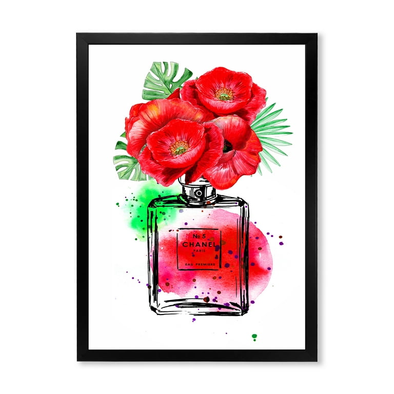 Designart 'Perfume Chanel Five With Blue Flowers' French Country Framed  Canvas Wall Art Print