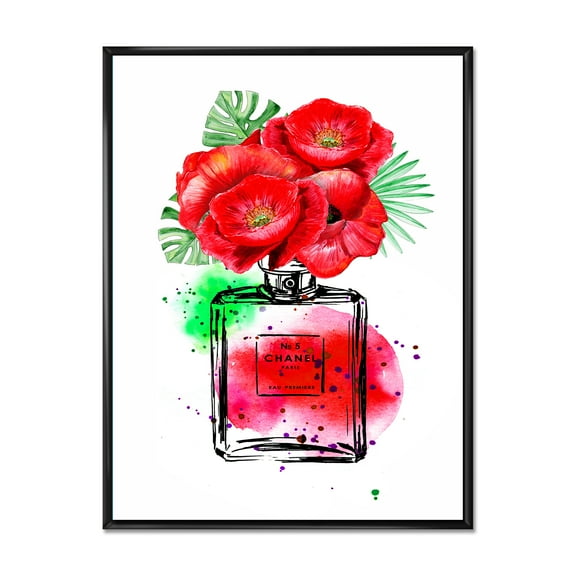 Designart 'Perfume Chanel Five With Red Flowers' Modern Framed Canvas Wall Art Print