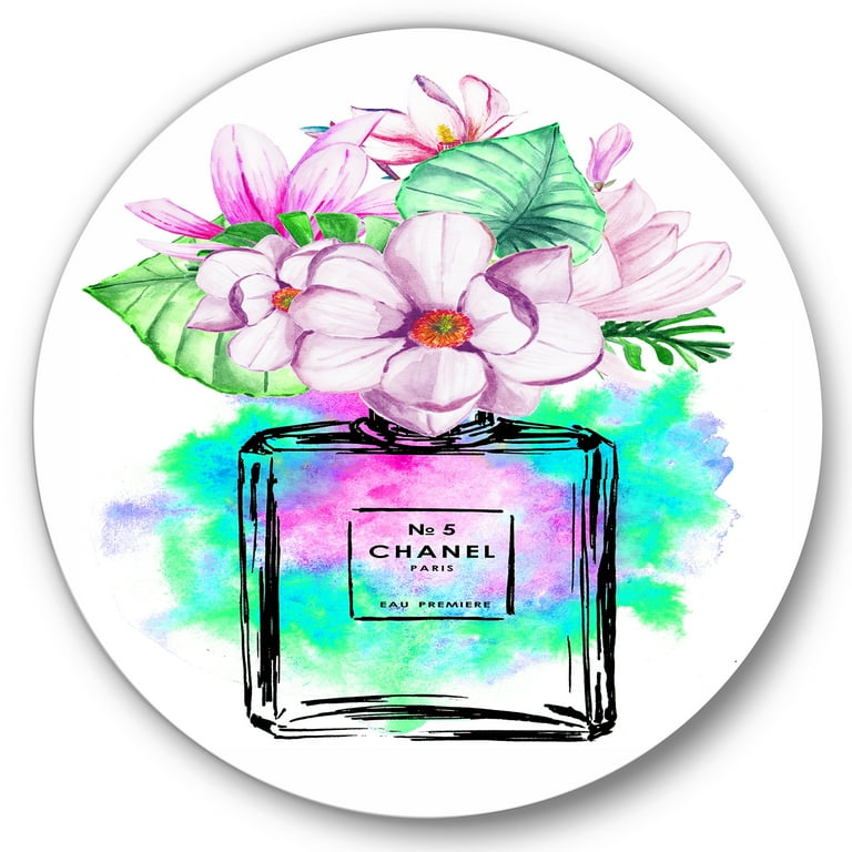 Designart 'Perfume Five Chanel I' Modern Circle Metal Wall Art