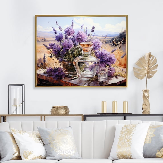 Designart "Perfumes Inspired by Lavender Fields III" Fashion Framed Wall Art - Glam Purple Perfumes Bedroom Framed Canvas Wall Art