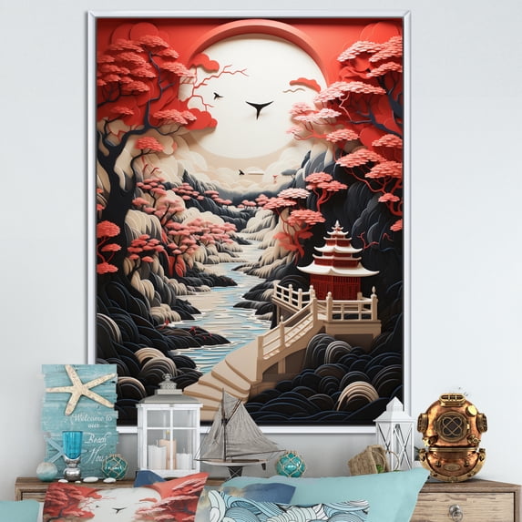 Designart "Perspective Papercut Beach Pier II" Floral Floater Framed Canvas Print