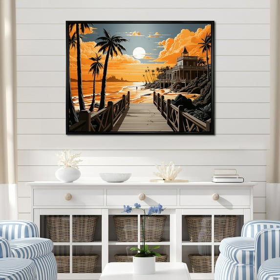 Designart "Perspective Papercut Beach Pier III" Nautical & Beach Floater Framed Wall Decor