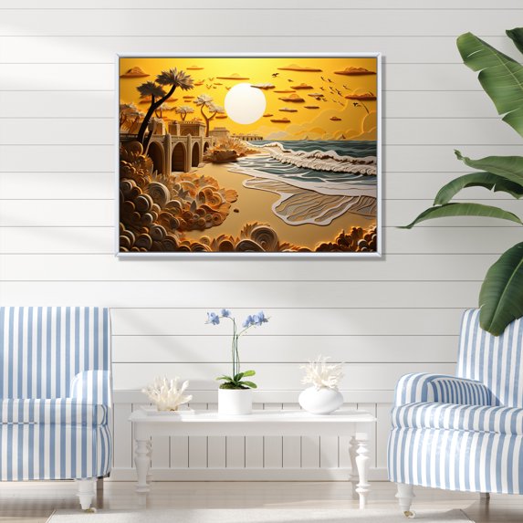 Designart "Perspective Papercut Beach Pier IV" Nautical & Beach Floater Framed Canvas Print