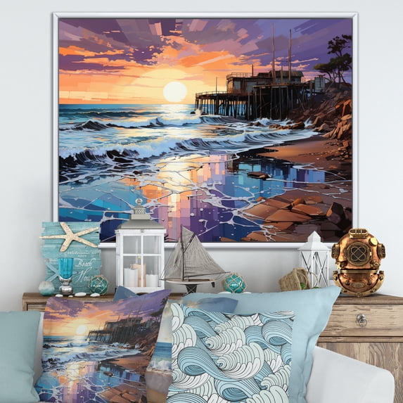 Designart "Perspective Pastoral Coastal pier Pier art painting II" Landscapes Floater Framed Wall Art Living Room