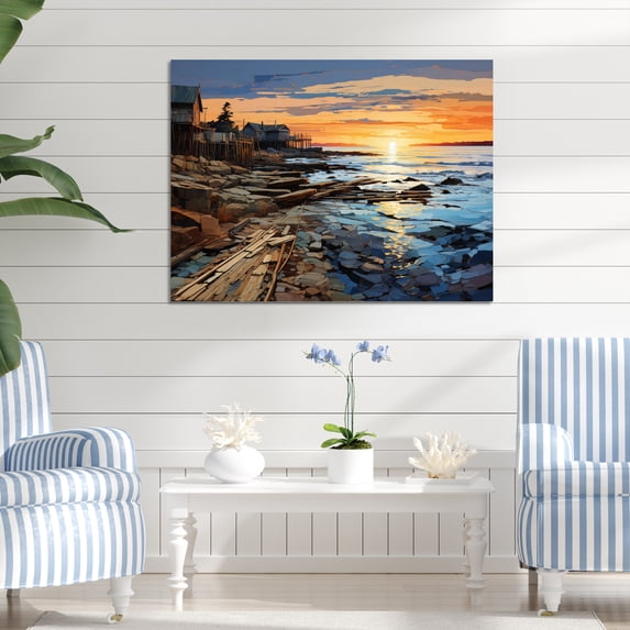 Designart "Perspective Pastoral Coastal pier Pier art painting III" Landscapes Metal Wall Art