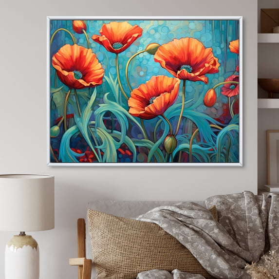 Designart "Petal Dance Of Coral And Turquoise Poppies" Poppies Floater Framed Wall Art Living Room