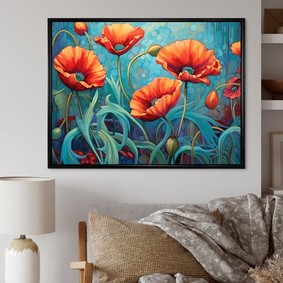 Designart "Petal Dance Of Coral And Turquoise Poppies" Poppies Floater Framed Wall Art Living Room