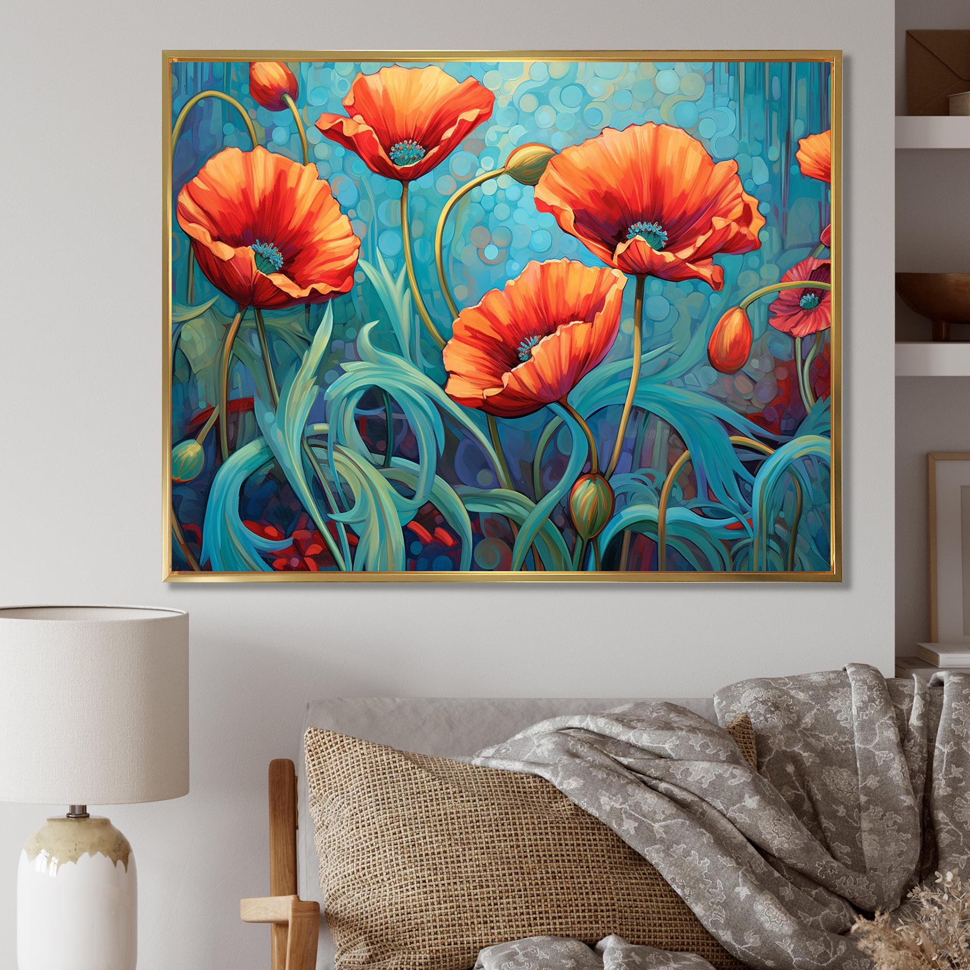 Designart "Petal Dance Of Coral And Turquoise Poppies" Poppies Floater