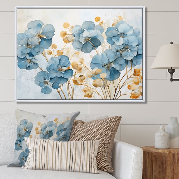 Designart "Petals Of Elegant Gold And Blue Pansies I" Pansies Floater Framed Wall Decor