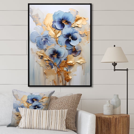 Designart "Petals Of Elegant Gold And Blue Pansies II" Pansies Floater Framed Wall Decor