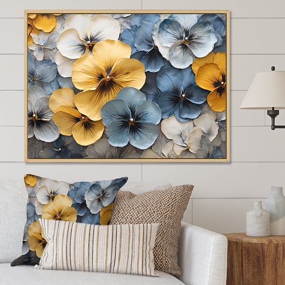 Designart "Petals Of Elegant Yellow And Blue Pansies" Pansies Floater Framed Wall Art Living Room