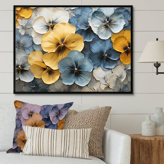 Designart "Petals Of Elegant Yellow And Blue Pansies" Pansies Floater Framed Wall Art Living Room