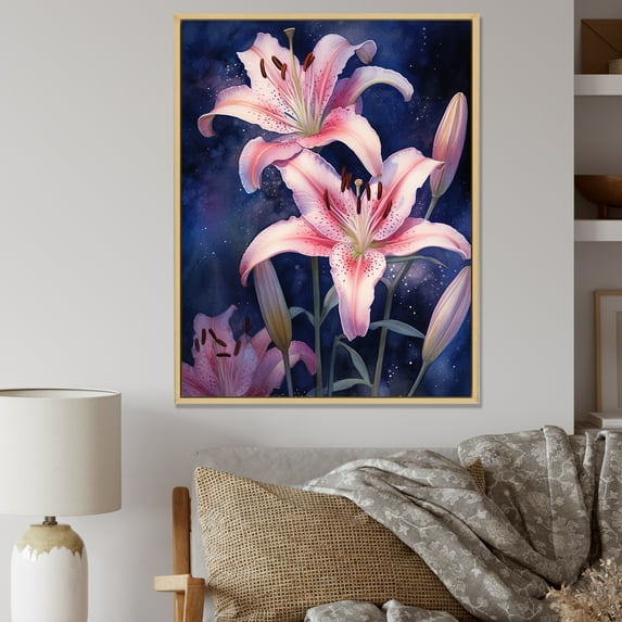 Designart "Petals Of Pink And Blue Lilies" Lilies Floater Framed Wall Art Prints