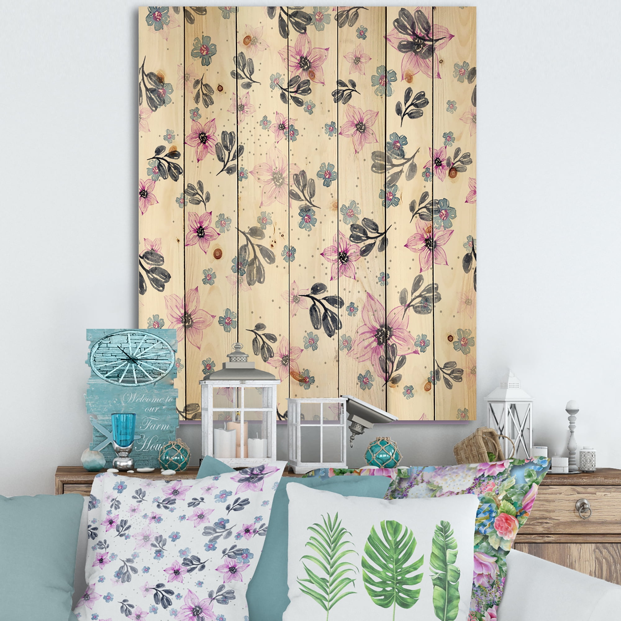 Designart 'Petals and Pink Flowers' Traditional Print on Natural Pine Wood
