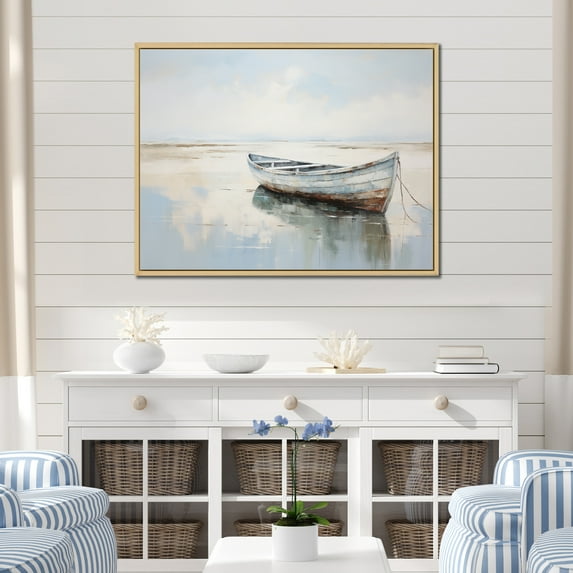 Designart "Petite Azure And Ivory Lake Boat I" Coastal Boat Floater Framed Wall Art Prints