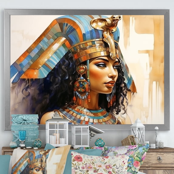 Designart "Pharaoh's Beauty Gold and Blue Egyptian Woman I" Landscapes Framed Wall Art Decor - Traditional Gold Egypt Entryway Framed Wall Art