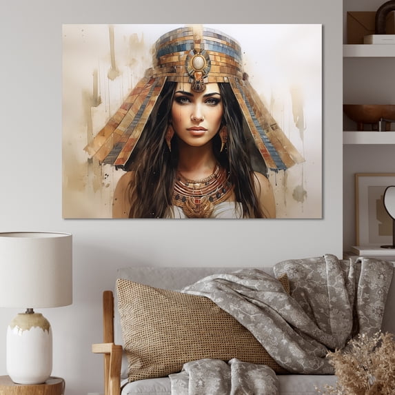 Designart "Pharaoh's Beauty Gold and Blue Egyptian Woman II" Landscapes Wall Art - Traditional Gold Egypt Bedroom Canvas Wall Art