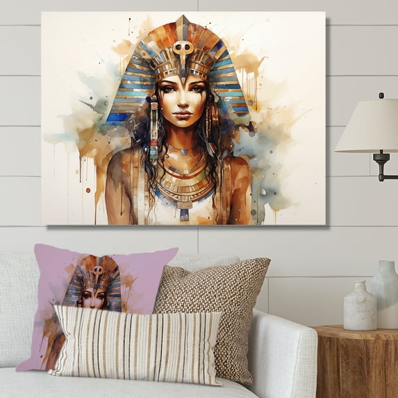 Designart "Pharaoh's Beauty Gold and Blue Egyptian Woman III" Landscapes Wall Art - Traditional Gold Egypt Entryway Wall Art Print