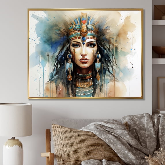 Designart "Pharaoh's Beauty Gold and Blue Egyptian Woman V" Landscapes Framed Wall Art - Traditional Gold Egypt Bedroom Framed Canvas Wall Art