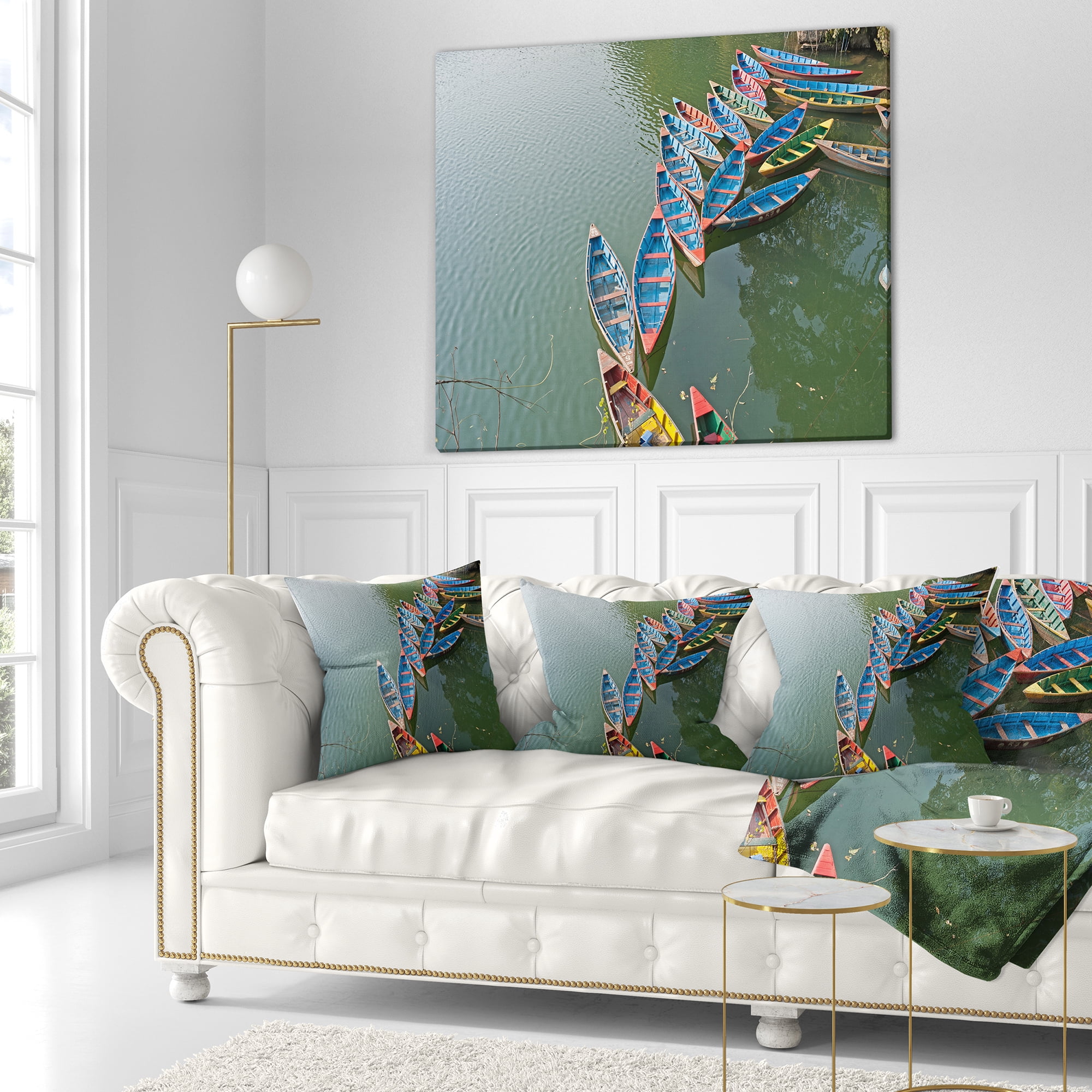 Designart Phewa Lake in Pokhara Nepal - Boat Throw Pillow - 18x18