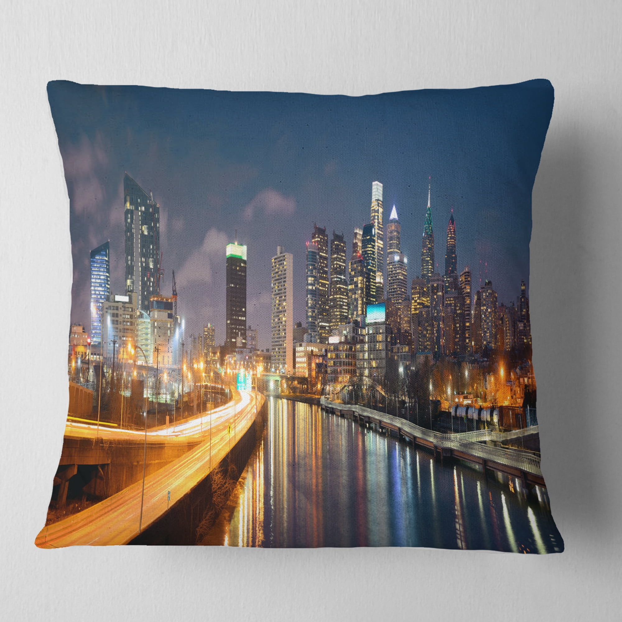 Designart Philadelphia Skyline at Night - Cityscape Throw Pillow - 16x16