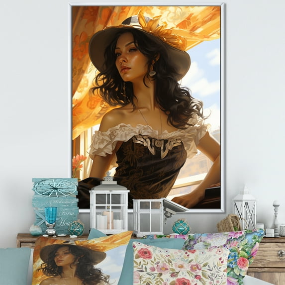 Designart "Photo Realistic Mexican Woman Orange" Portrait Floater Framed Canvas Print