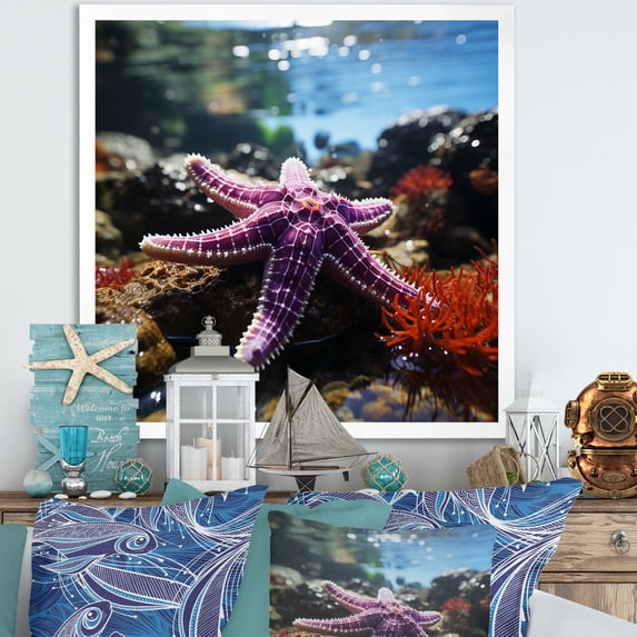 Designart "Photo of Beachside Starfish and Coral II" Coastal Framed Wall Art Decor - Coastal Purple Coastal Beach Living Room Framed Canvas Art