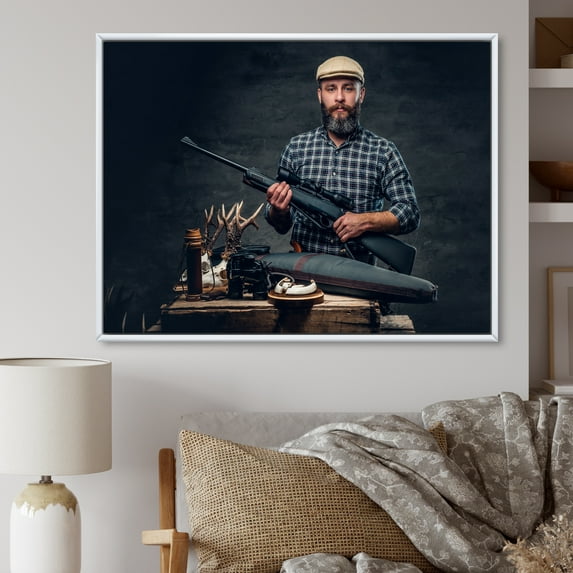Designart "Photography Portrait Of A Hunter I" Hunting & Fishing Floater Framed Wall Art Living Room