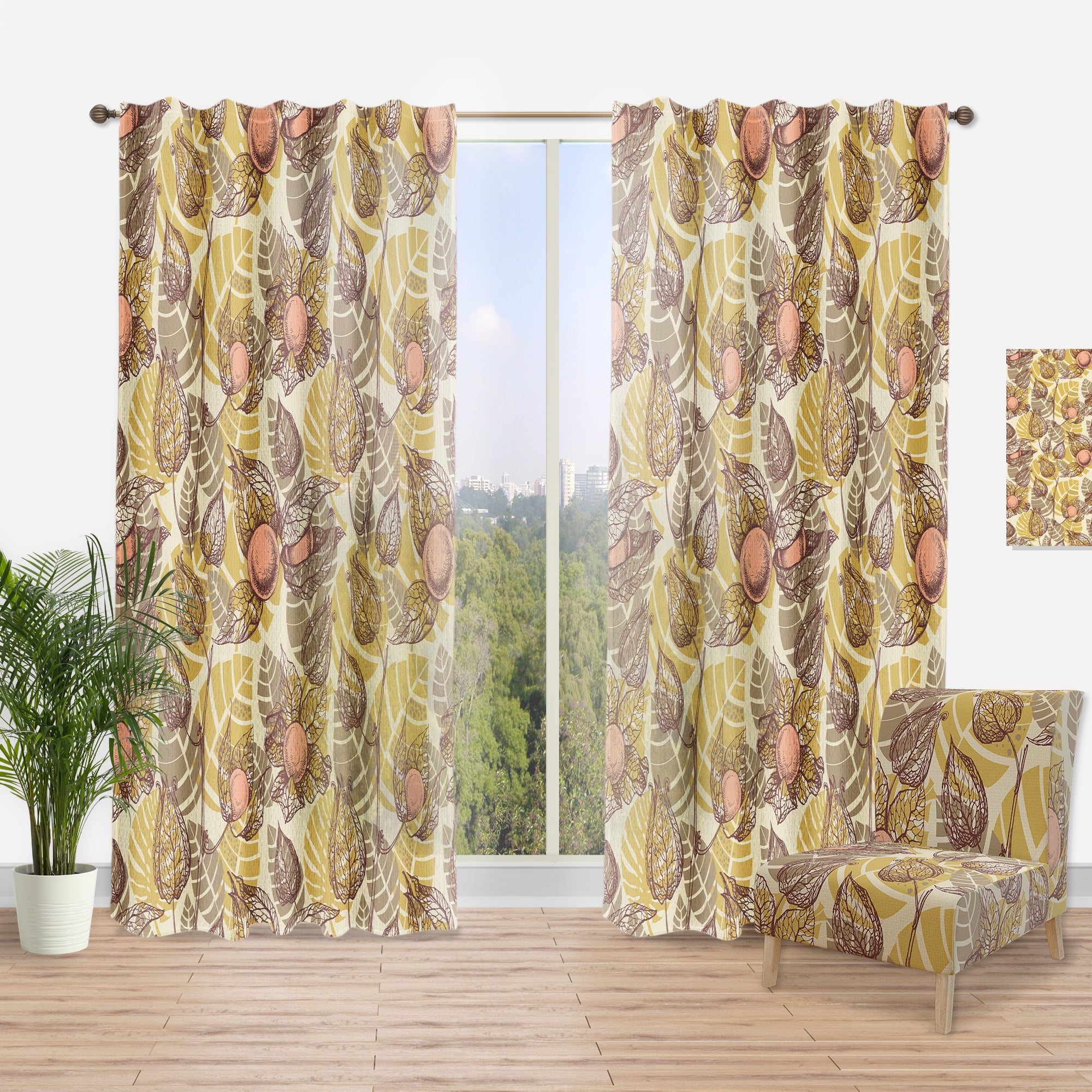 Designart 'Physalis Vintage Drawing' Mid-Century Modern Curtain Panel
