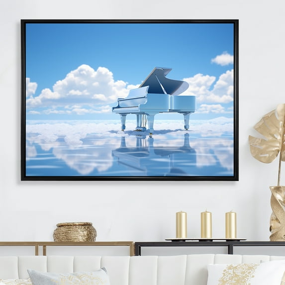 Designart "Piano Floating Above The Clouds" Music Floater Framed Wall Art Living Room