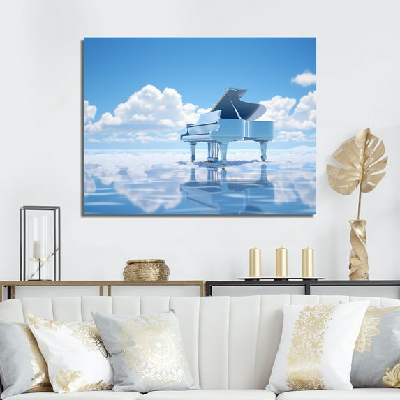 Designart "Piano Floating Above The Clouds" Music Wall Art Living Room