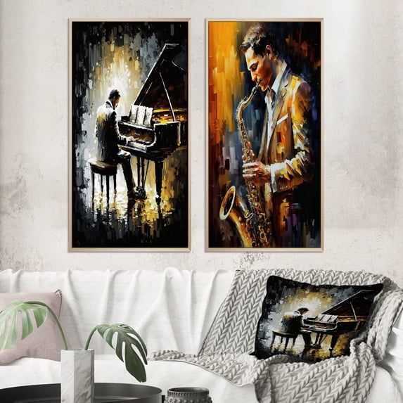 Designart "Piano Serenade The Pianist s Art II" Music Framed Wall Art Set Of 2 - Black Music Gallery Wall Frame Set For Home Decor