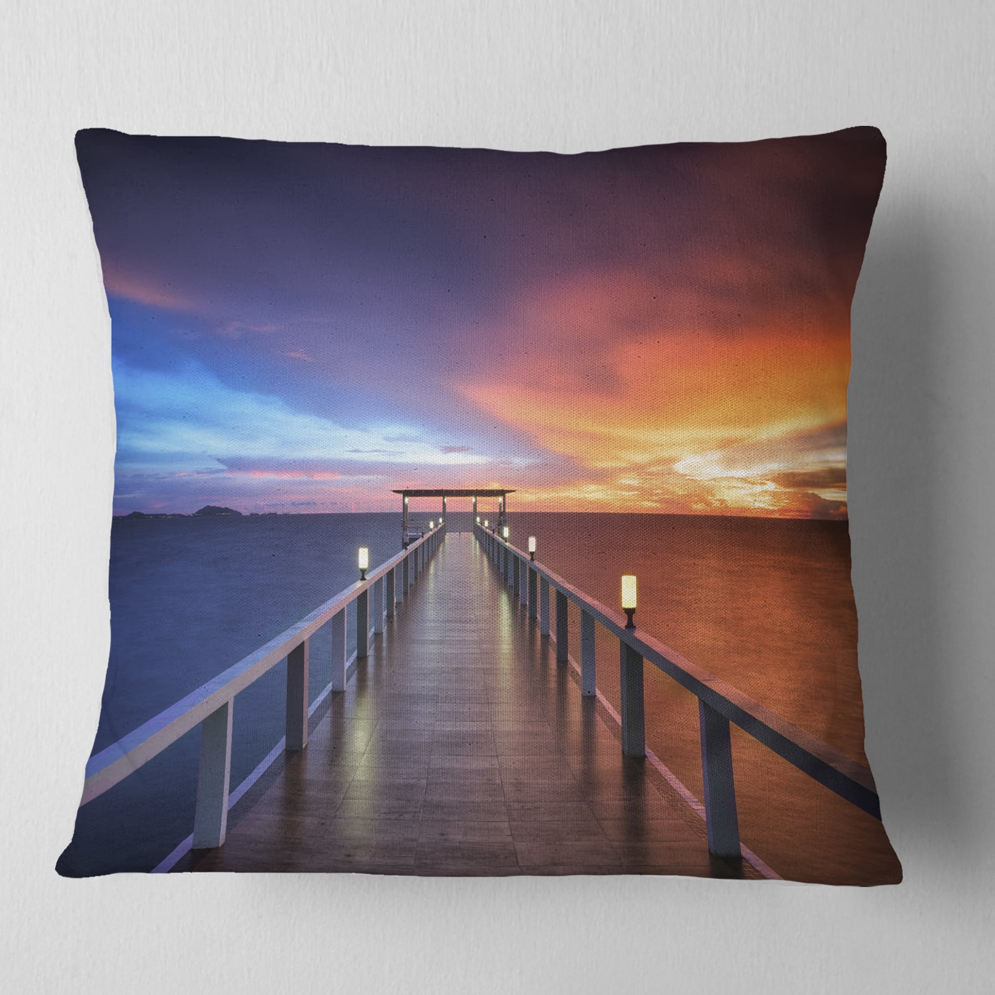 Designart Picturesque Seashore with Long Pier - Pier Seascape Throw Pillow - 18x18