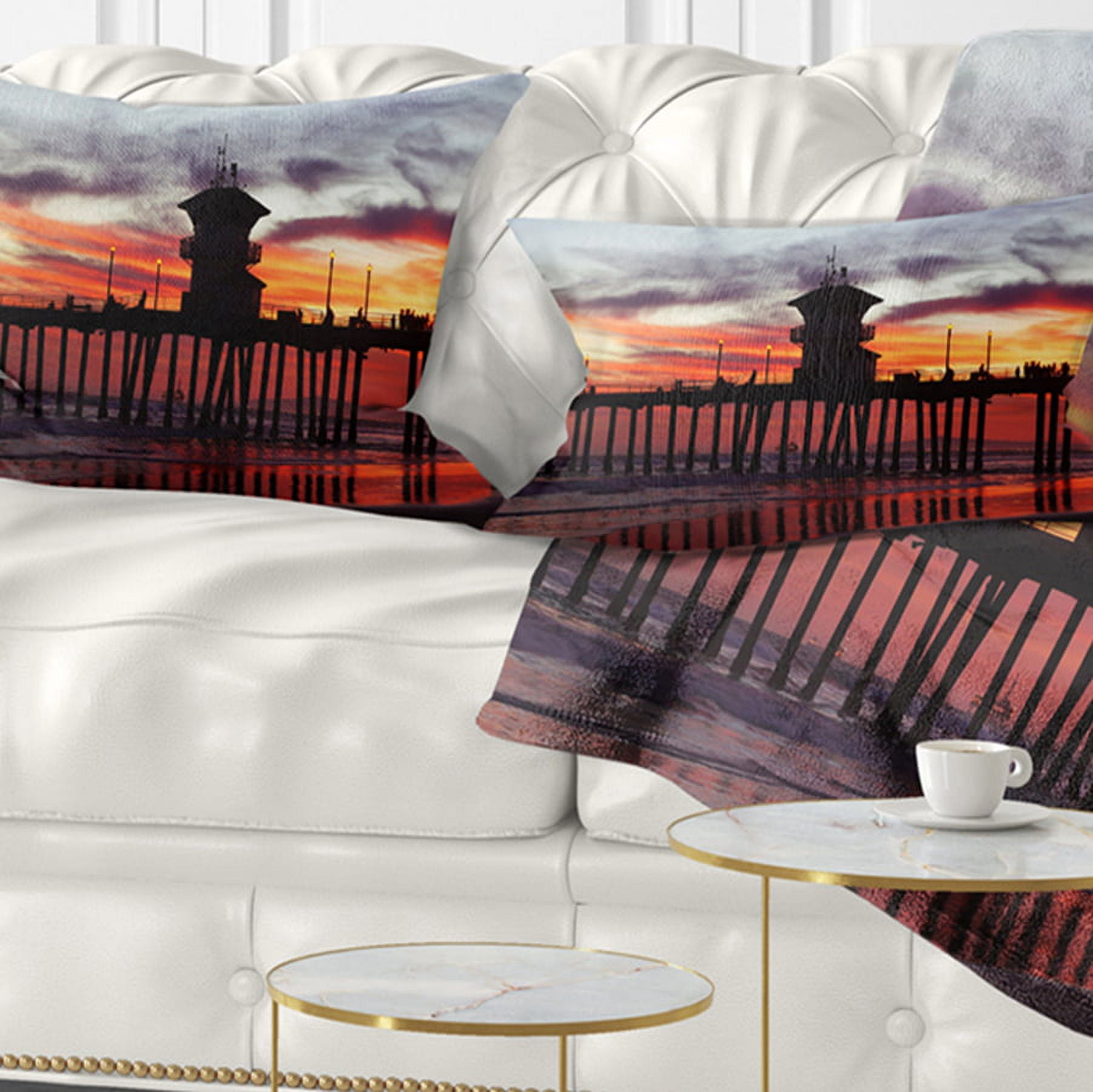 Designart Pier California at Sunset with Clouds - Seashore Throw Pillow - 12x20