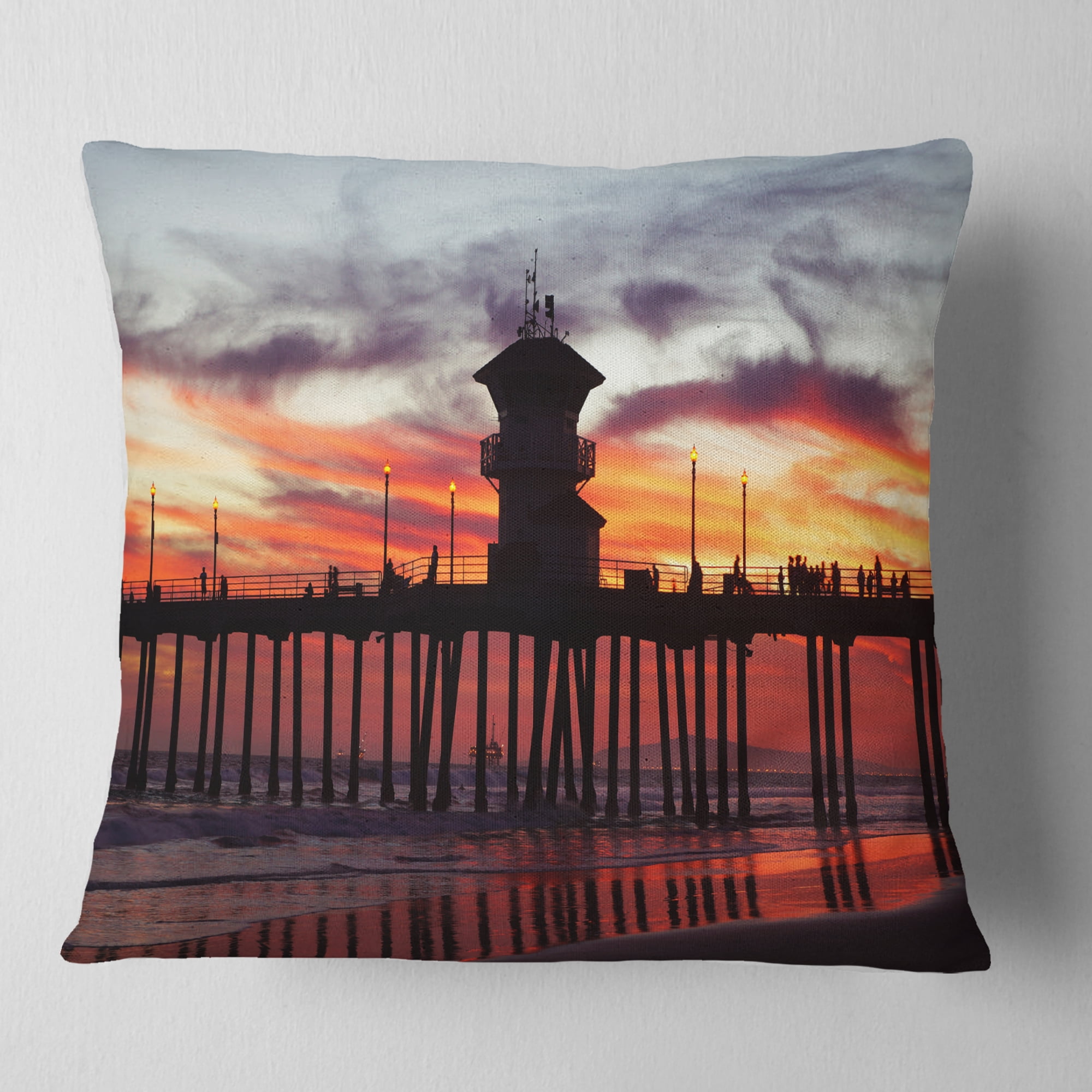 Designart Pier California at Sunset with Clouds - Seashore Throw Pillow - 16x16