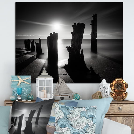 Designart "Pier Horizon In Monochromatic Black And White" Coastal Pier Canvas Wall Art