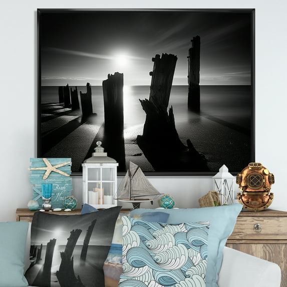 Designart "Pier Horizon In Monochromatic Black And White" Coastal Pier Floater Framed Canvas Wall Art