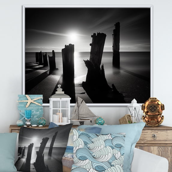 Designart "Pier Horizon In Monochromatic Black And White" Coastal Pier Floater Framed Canvas Wall Art