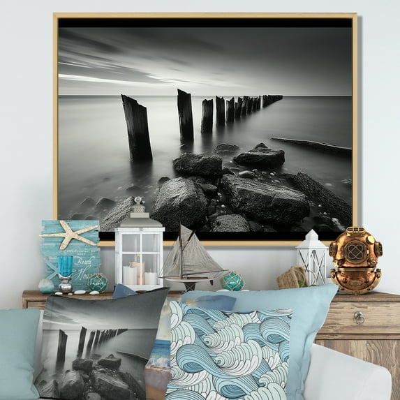 Designart "Pier Horizon In Monochromatic Black And White V" Port Landscape Floater Framed Wall Art Living Room