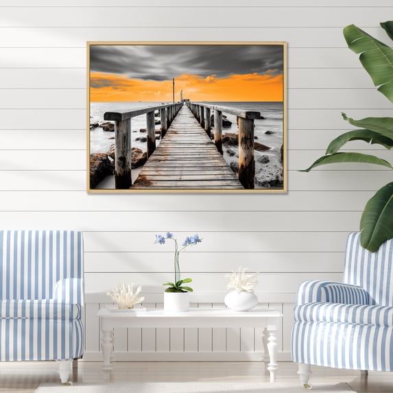 Designart "Pier Perspective Yellow and Grey Beach II" Nautical & Beach Floater Framed Canvas Wall Art