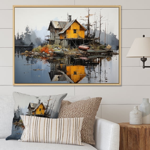 Designart "Pier Reflections Yellow Lakehouse wall decor II" Landscapes Floater Framed Canvas Print