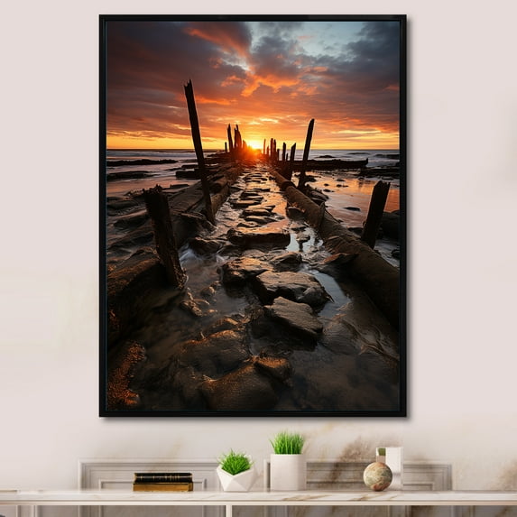 Designart "Pier Serenity in Peach Black Miami" Nautical & Beach Floater Framed Wall Art Living Room