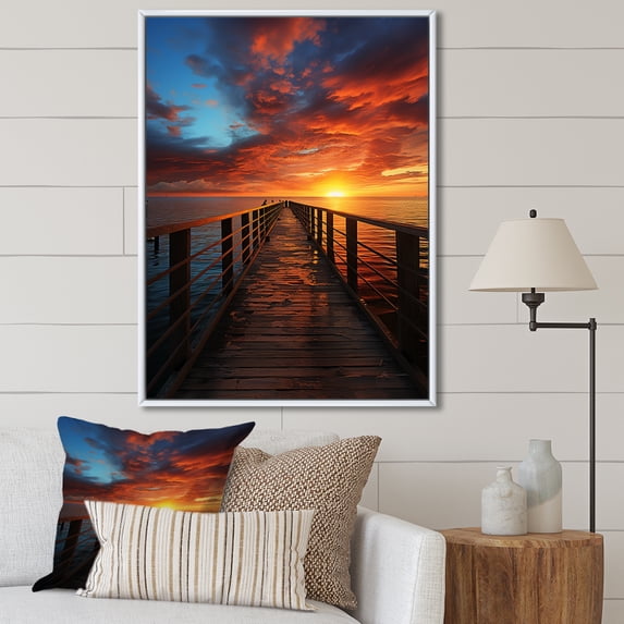 Designart "Pier Sunrise Morning Radiance" Nautical & Beach Floater Framed Canvas Print