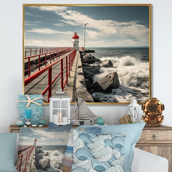 Designart "Pier Waves II" Coastal Pier Floater Framed Wall Decor