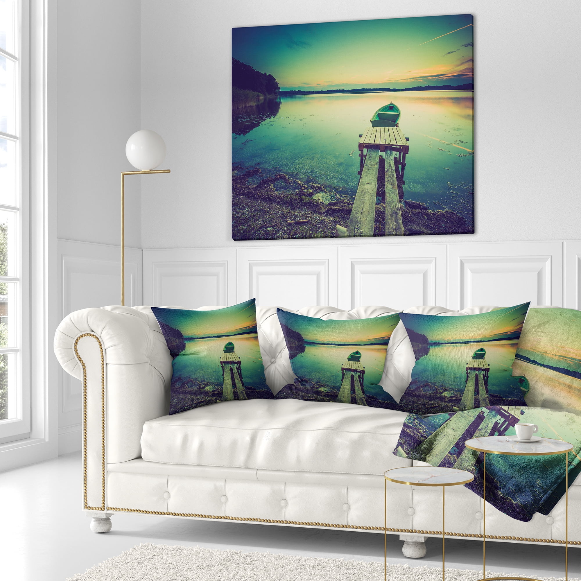 Designart Pier and Boat in Vintage Lake - Boat Throw Pillow - 16x16
