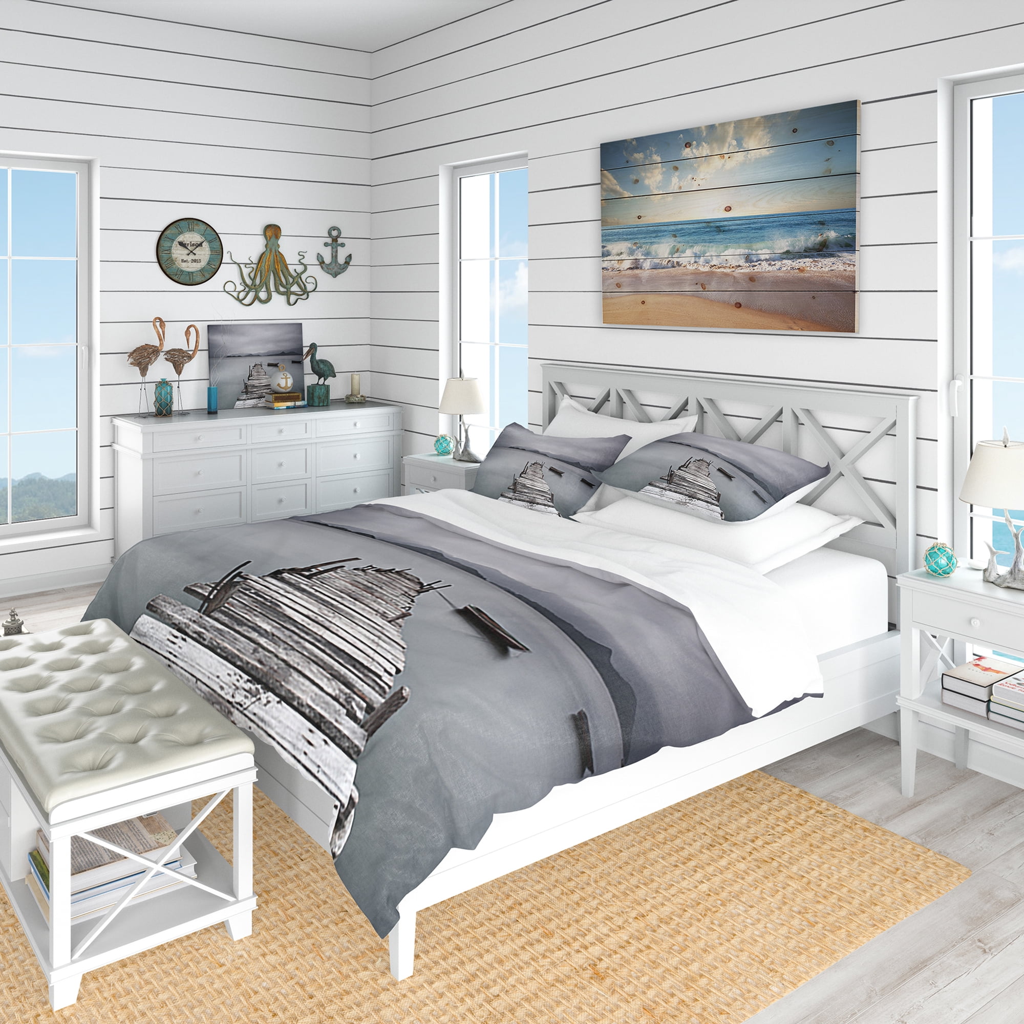 Designart 'Pier and Boats At Seashore' Coastal Duvet Cover Set