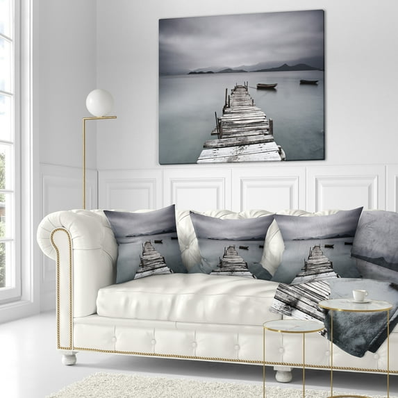 Designart Pier and Boats at Seashore - Bridge Throw Pillow - 16x16