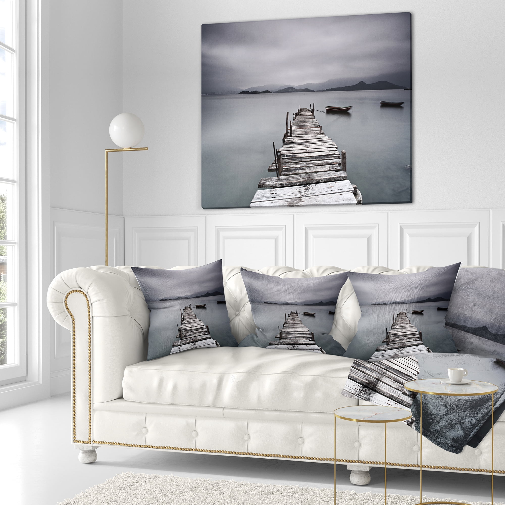 Designart Pier and Boats at Seashore - Bridge Throw Pillow - 18x18