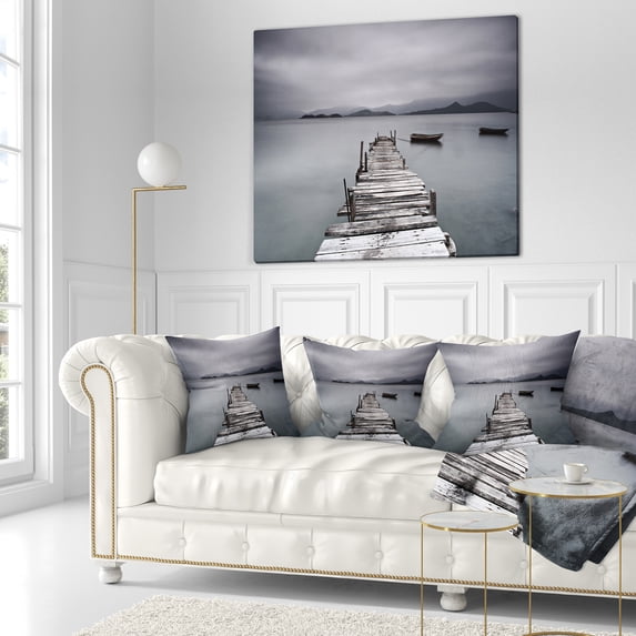 Designart Pier and Boats at Seashore - Bridge Throw Pillow - 18x18