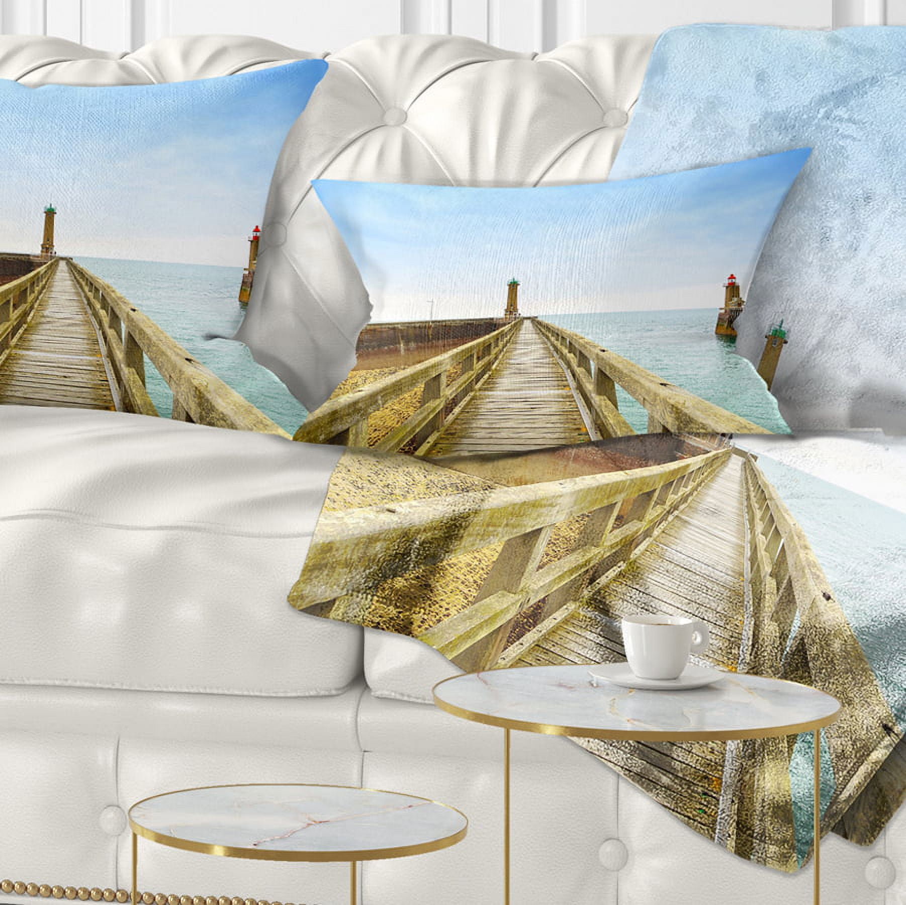 Designart Pier and Lighthouse France - Seascape Throw Pillow - 12x20
